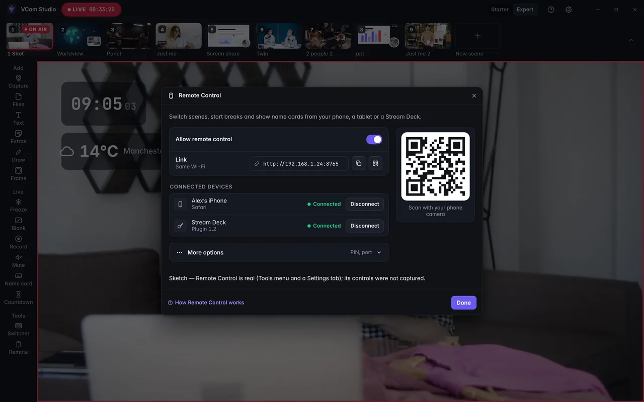 Fernbedienung: ein QR-Code, um VCam Studio vom Smartphone aus zu steuern.